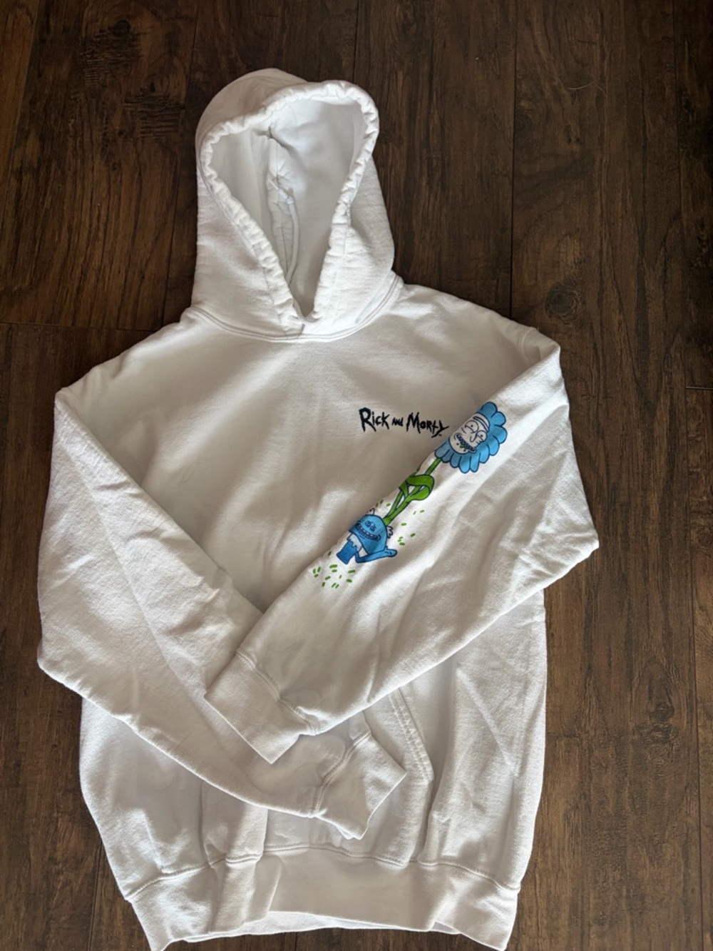 Rick and Morty White Hoodie with Character Sleeve Art